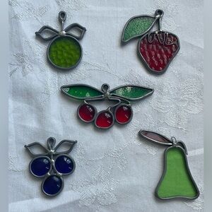 Vtg Leaded Stained Glass Fruit Suncatchers Grapes Strawberry Cherries Pear Lot 5